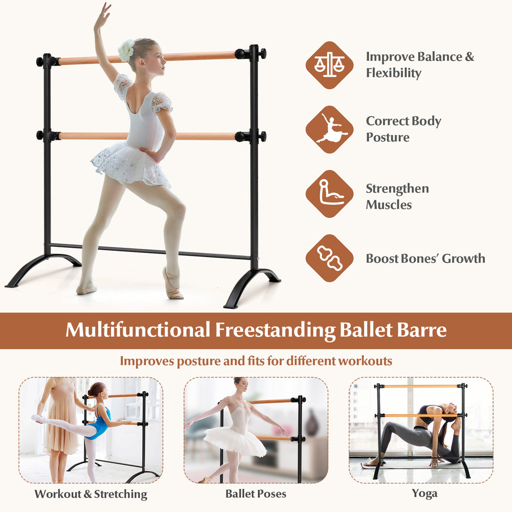 Freestanding ballet barre with adjustable height, durable beech wood, and sturdy metal frame for versatile workouts.