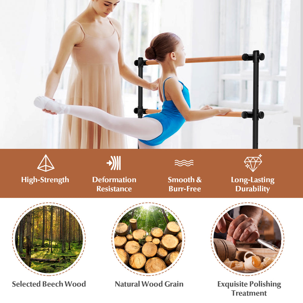 Freestanding double ballet barre made of durable beech wood, adjustable height, ideal for home or studio workouts.