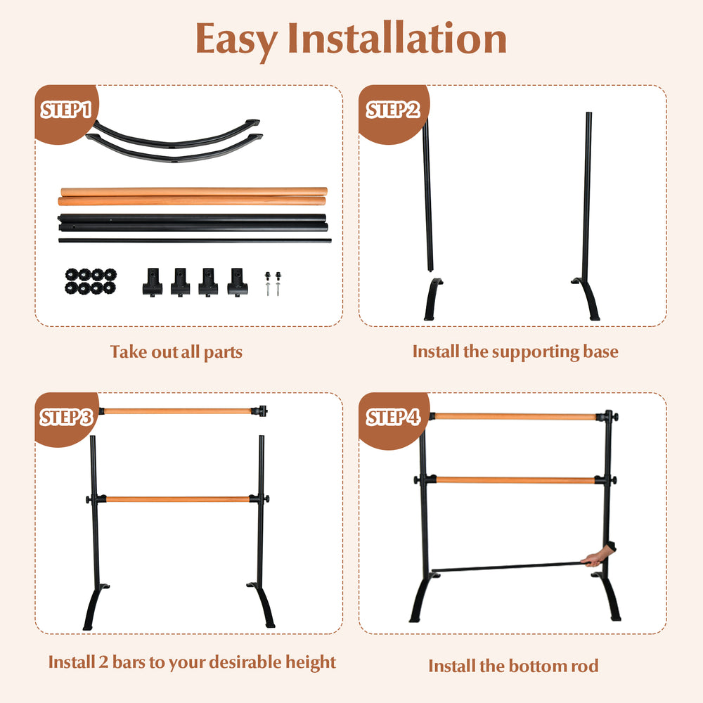 Step-by-step installation guide for the 4 Foot Portable Freestanding Double Ballet Barre with adjustable height options.