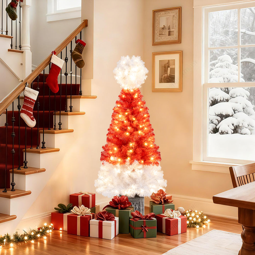 4 Ft artificial Christmas tree with a Santa hat design, featuring warm white LED lights and a stable retro flowerpot.