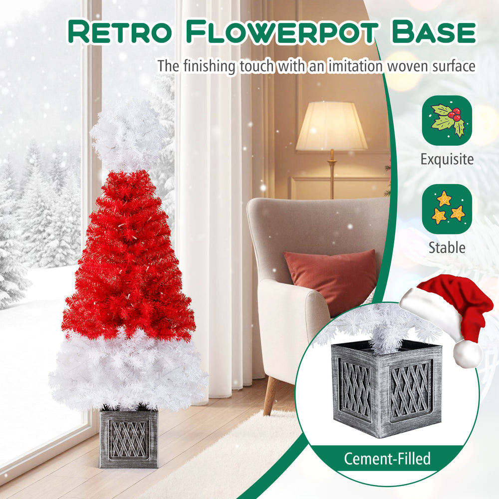 4 Ft artificial Christmas tree with Santa hat design, 300 branch tips, and a retro cement-filled flowerpot base for.