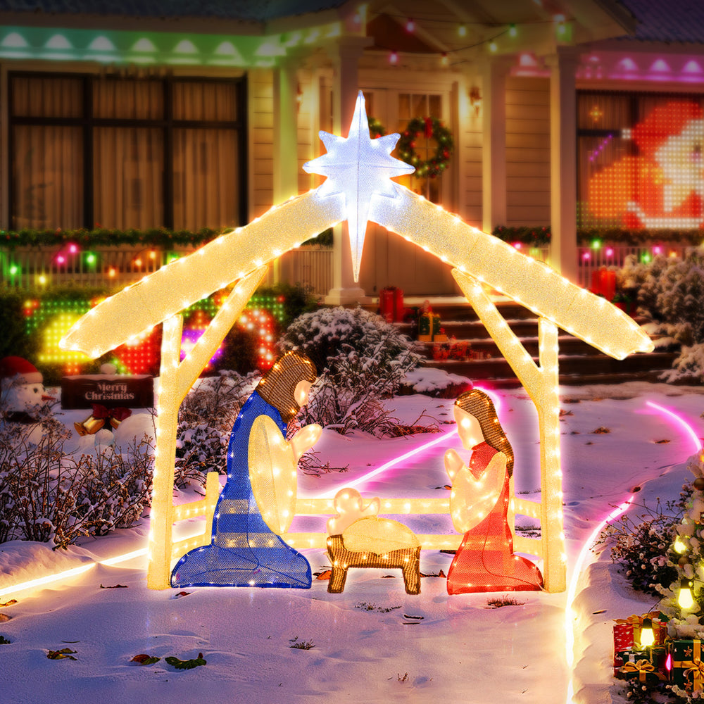 Lighted 4 Ft nativity scene featuring the Holy Family with 272 LED beads, perfect for outdoor Christmas displays.