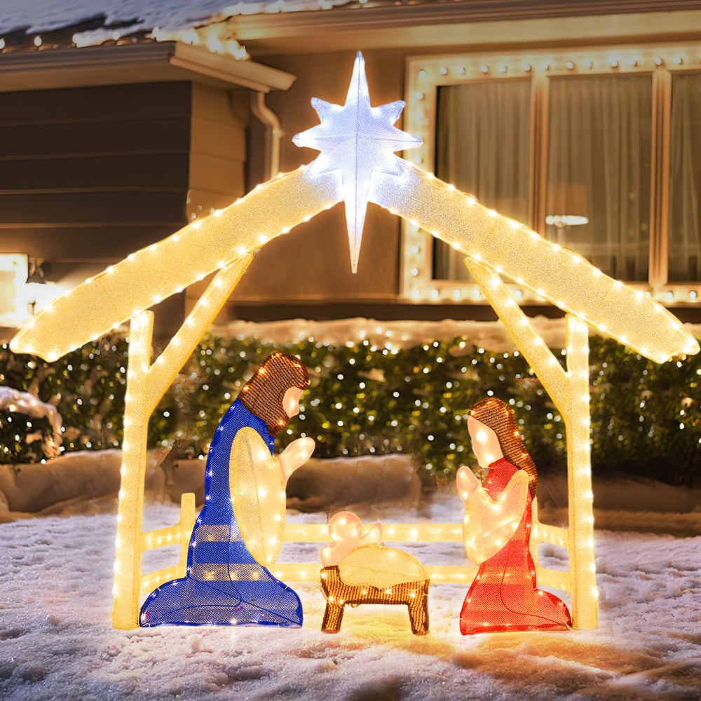 Lighted 4 Ft nativity scene featuring the Holy Family with 272 LED beads, perfect for indoor or outdoor Christmas decor.