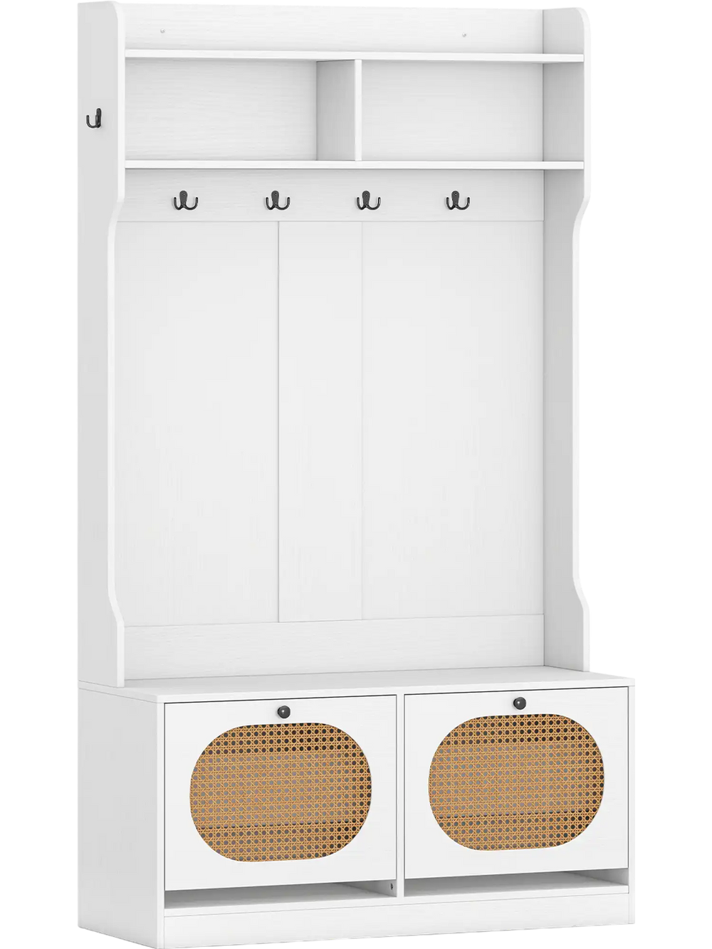 4-in-1 hall tree in white with coat rack, flip drawers, and PE rattan accents for entryway storage and seating.