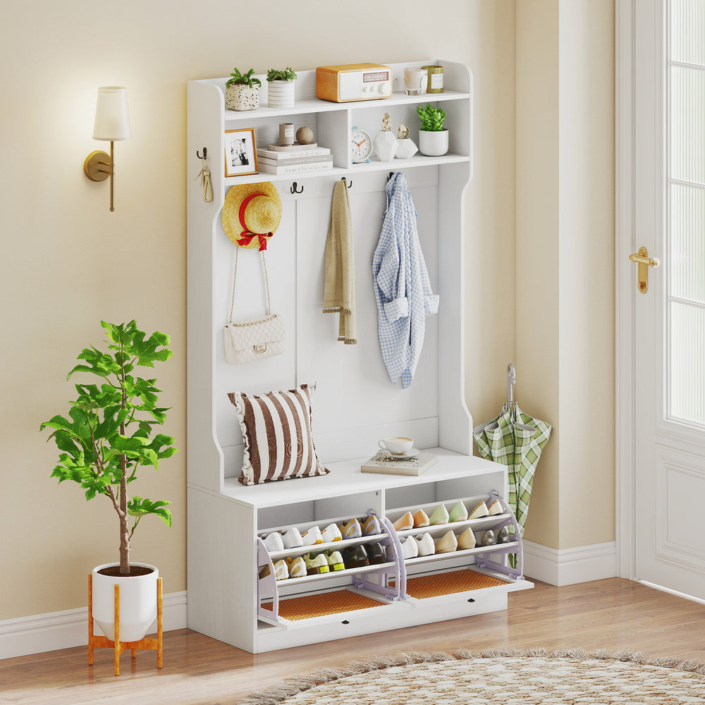4-In-1 Hall Tree with Coat Rack and Flip Drawers for Entryway Mudroom-White - Gallery View 1 of 10