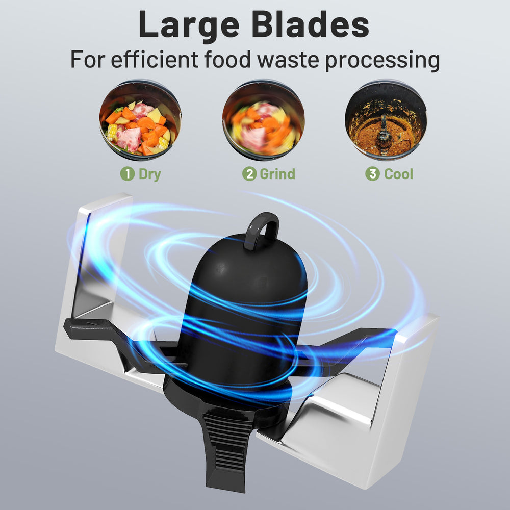 Large blades of the 4 L electric composter efficiently process food waste, featuring a compact design for kitchen.