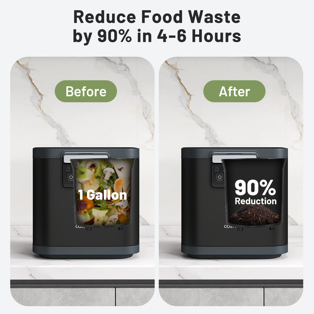 4 L electric composter in black showing 1 gallon capacity before and 90% food waste reduction after in kitchen setting.