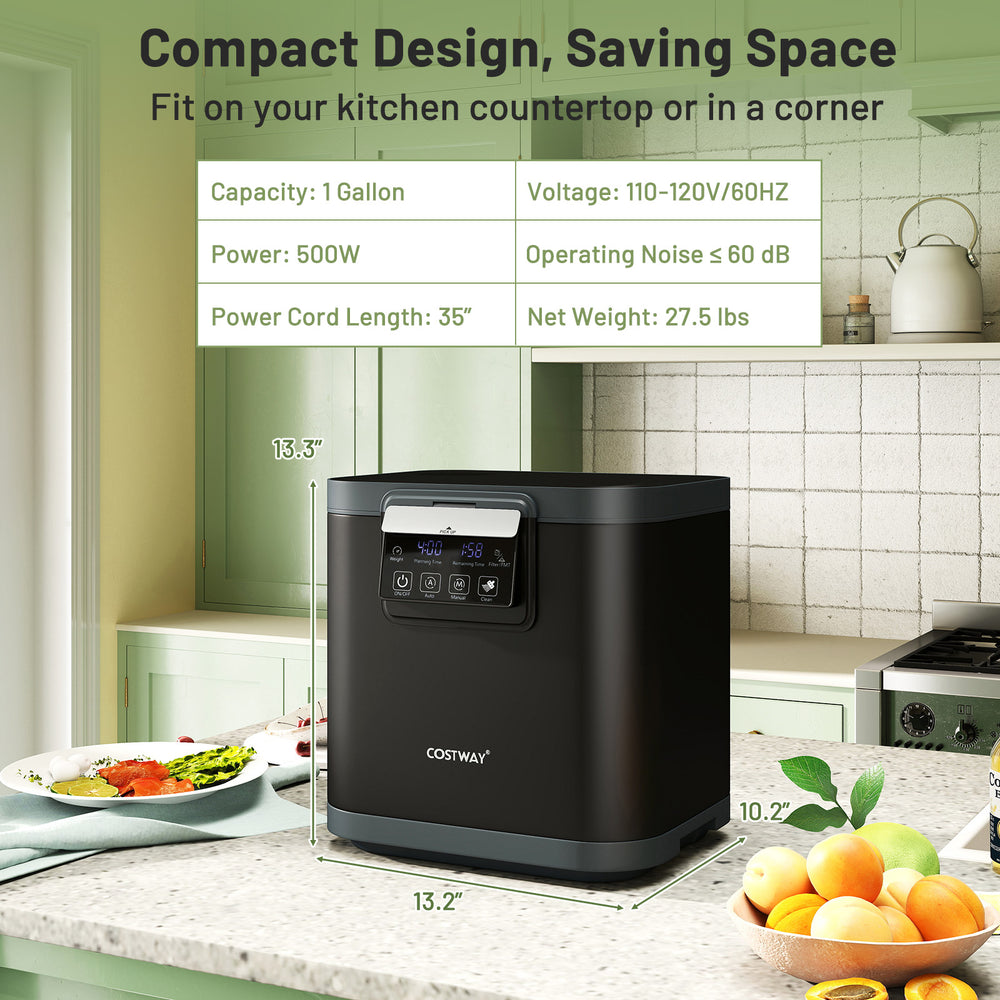 4 L electric composter in black with LED display, designed for kitchen countertops, efficiently reduces food waste.