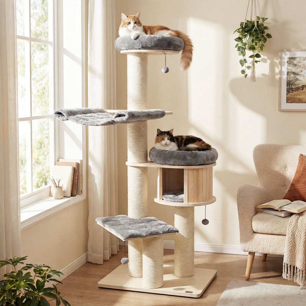 4-Layer 68.5-Inch Wooden Cat Tree Condo Activity Tower with Sisal Posts-Gray - Gallery View 1 of 10