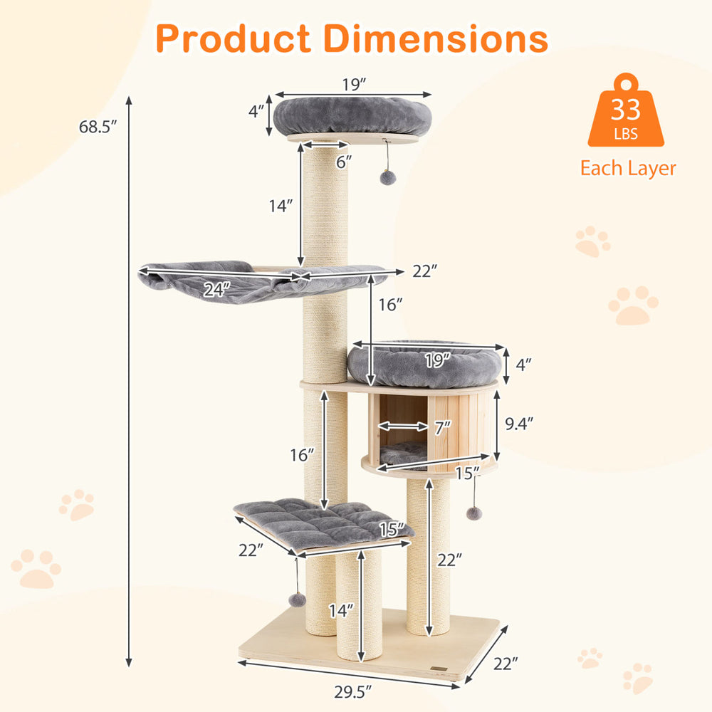 Product dimensions of the 4-layer 68.5-inch wooden cat tree condo with sisal posts, designed for cat activity and play.