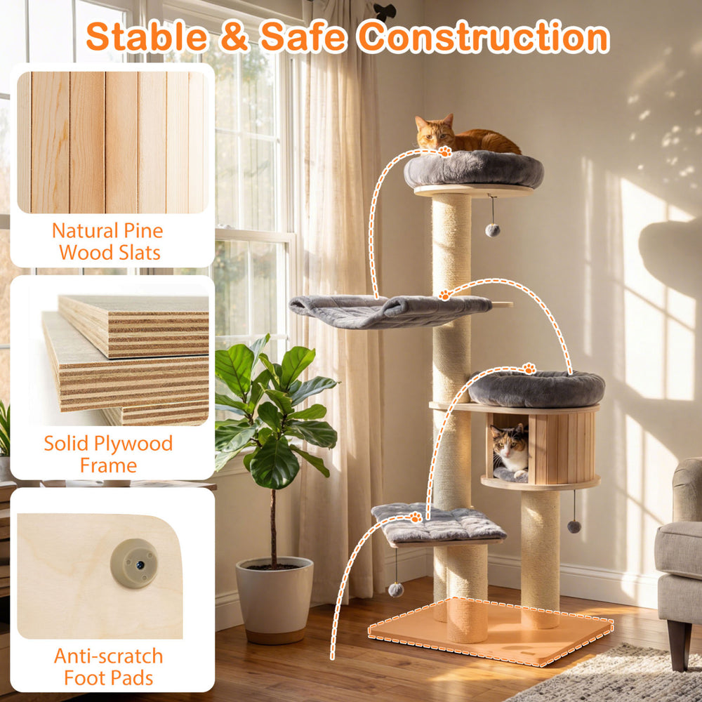 4-layer 68.5-inch wooden cat tree with plush coverings, sisal posts, and large condo for comfortable napping and play.
