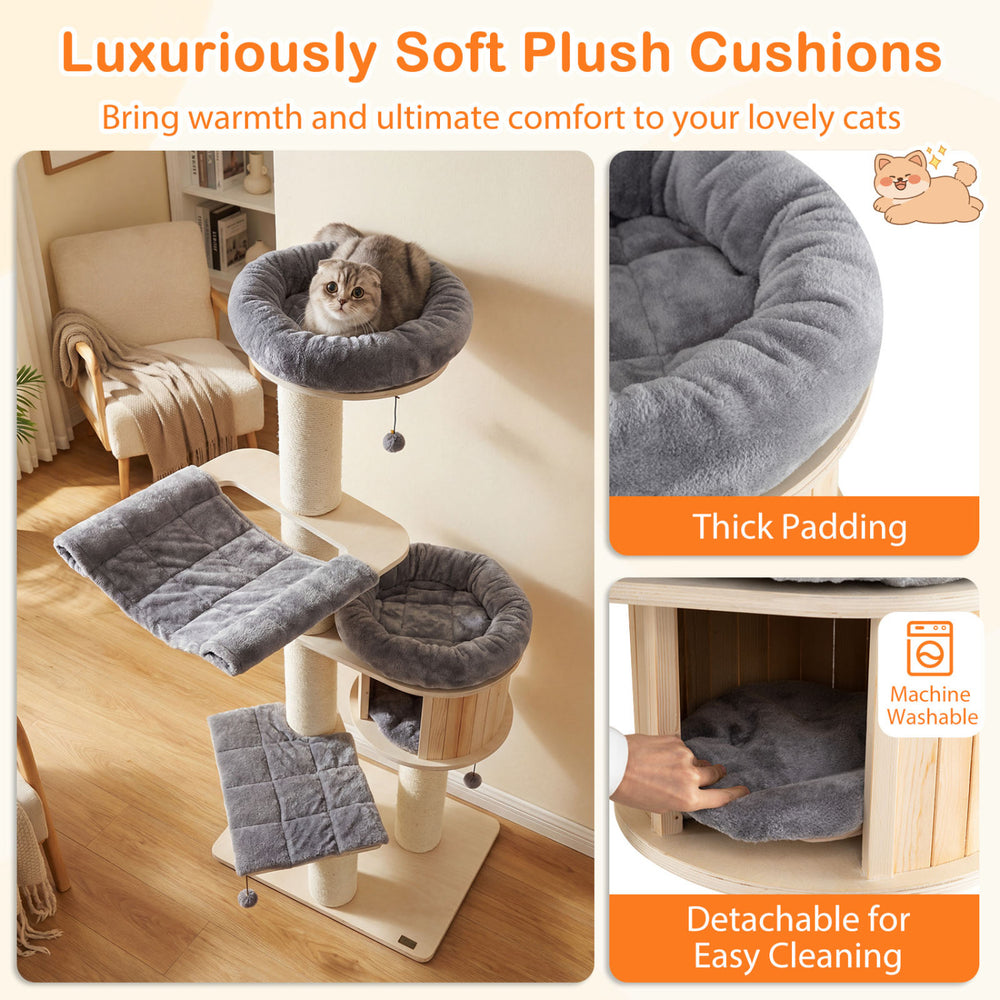 4-layer wooden cat tree with soft plush cushions, sisal posts, and cozy condo for enhanced cat happiness and comfort.
