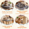 Fluffy top perch and comfy U-shaped hammock on a 68.5-inch wooden cat tree for lounging and relaxation.