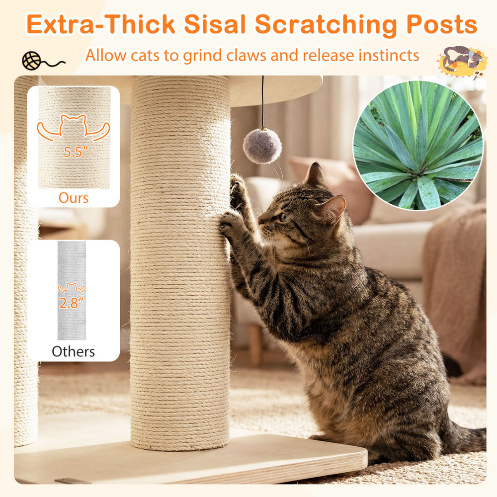 Cat using the extra-thick sisal scratching post on the 68.5-inch wooden cat tree condo for claw grinding and play.