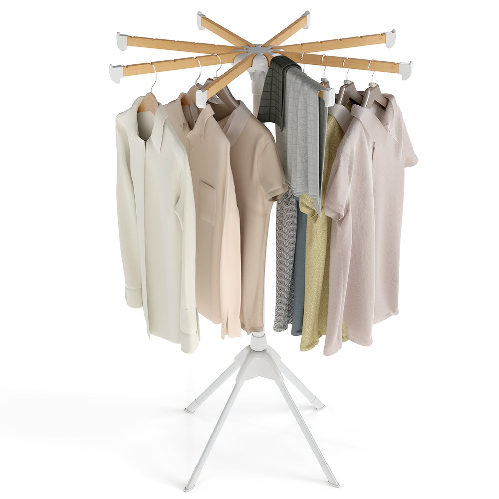 Foldable clothes drying rack with 8 bamboo rods and 40 hanger slots, designed for stable and convenient drying.