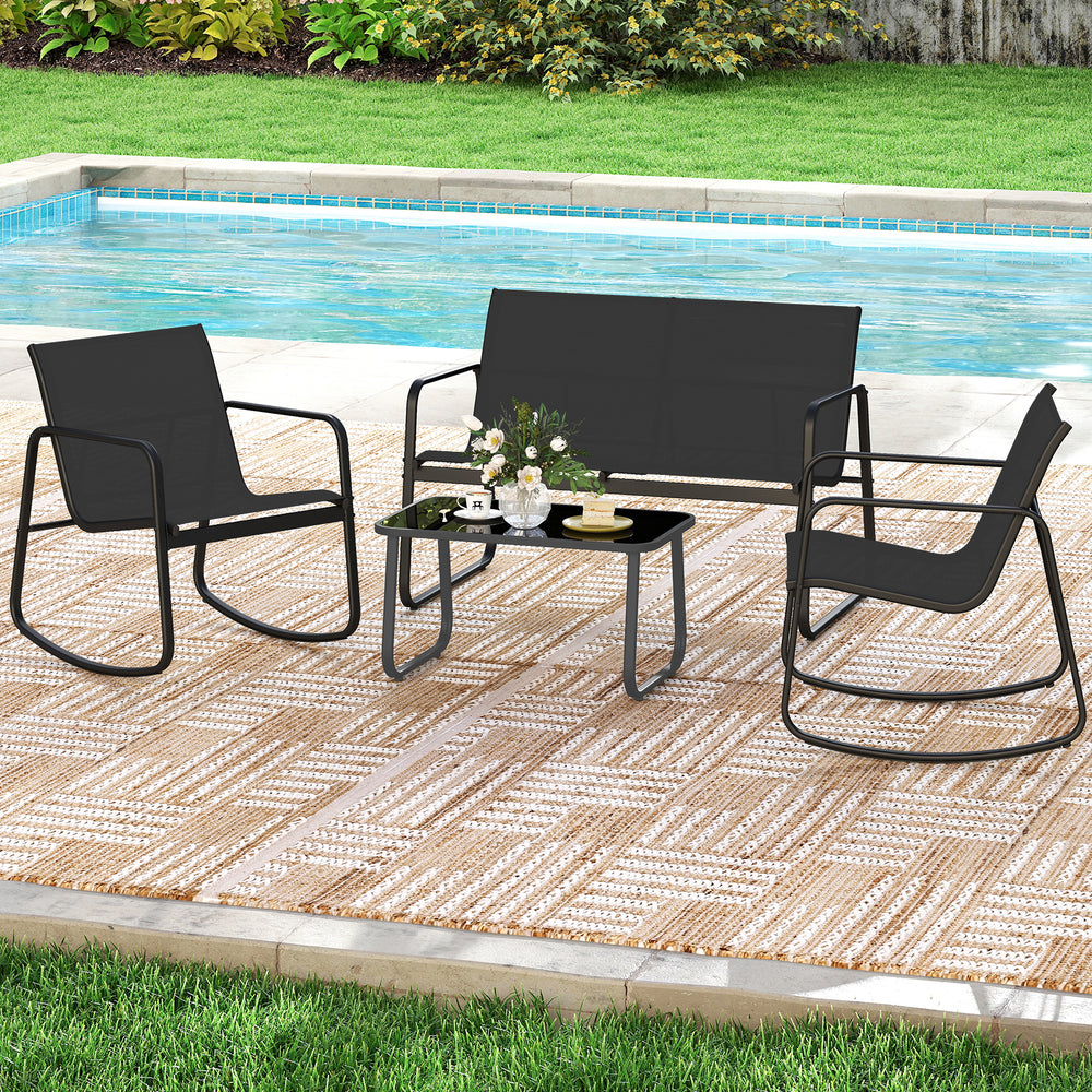Black 4 PCS patio furniture set featuring rocking chairs and a tempered glass tabletop, perfect for outdoor relaxation.