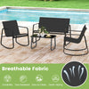 Black 4-piece patio furniture set featuring rocking chairs and a tempered glass tabletop, perfect for outdoor.