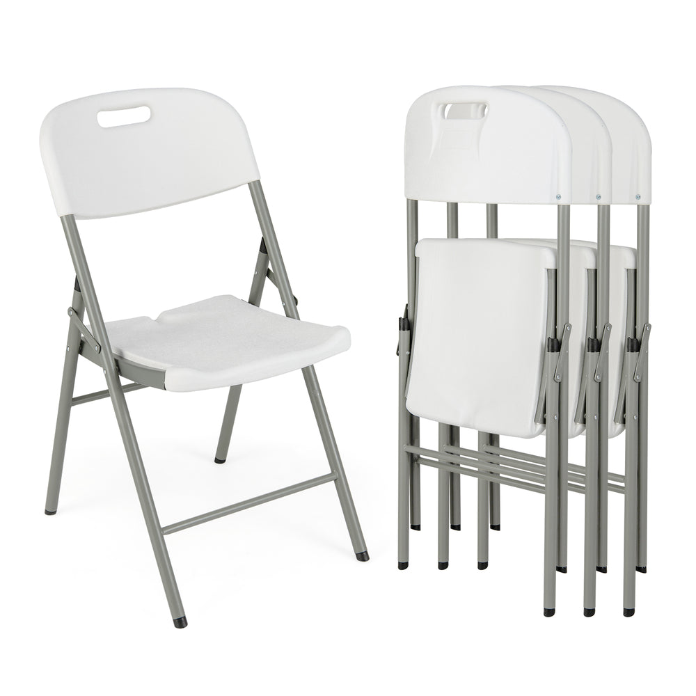 Folding stackable chair with metal frame in white, featuring ergonomic backrest and carrying handle for easy.