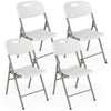 Four white folding stackable chairs with metal frames and carrying handles, ideal for outdoor events and easy storage.