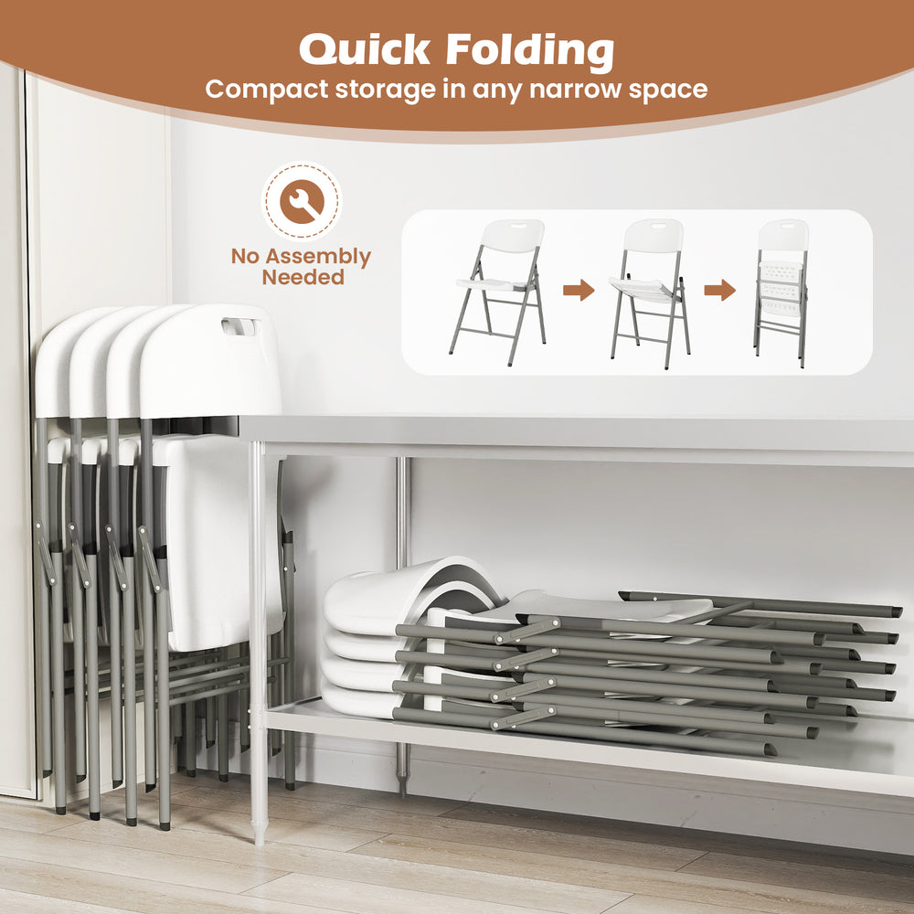 Folding stackable chairs with metal frame, featuring quick folding design for compact storage in narrow spaces.
