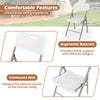 Ergonomic backrest and contoured seat of a white folding chair, designed for comfort and outdoor use.