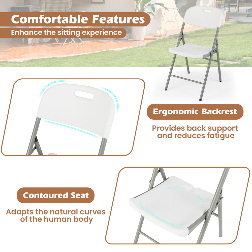 Ergonomic backrest and contoured seat of a white folding chair, designed for comfort and outdoor use.