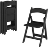 Black resin folding chair with padded seat, showcasing portable design and convenient folding for easy storage and.