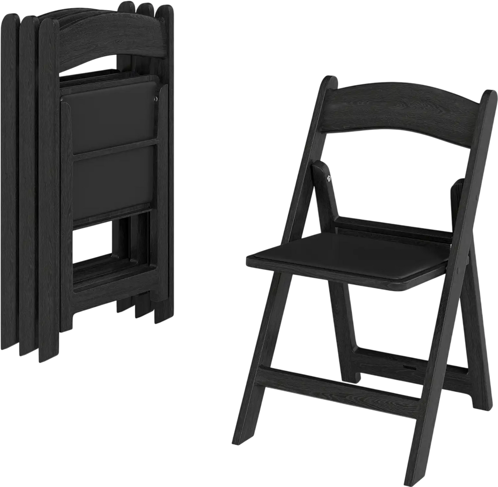 Black resin folding chair with padded seat, showcasing portable design and convenient folding for easy storage and.