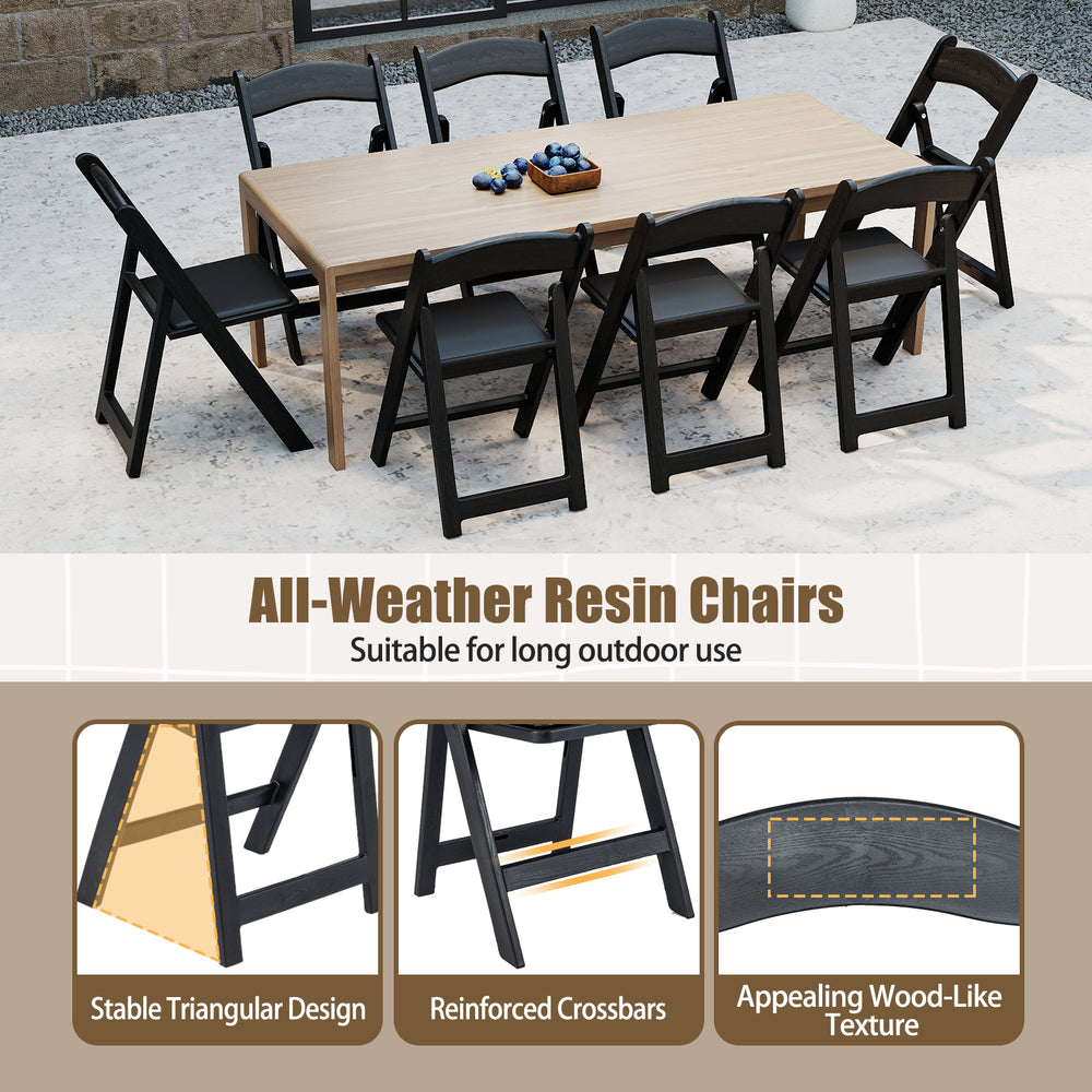 Black resin folding chairs with padded seats, featuring a portable design for weddings and parties, ideal for outdoor.