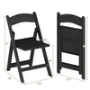Black resin folding chair with padded seat, portable design, ideal for events, measures 31" high and folds for easy.