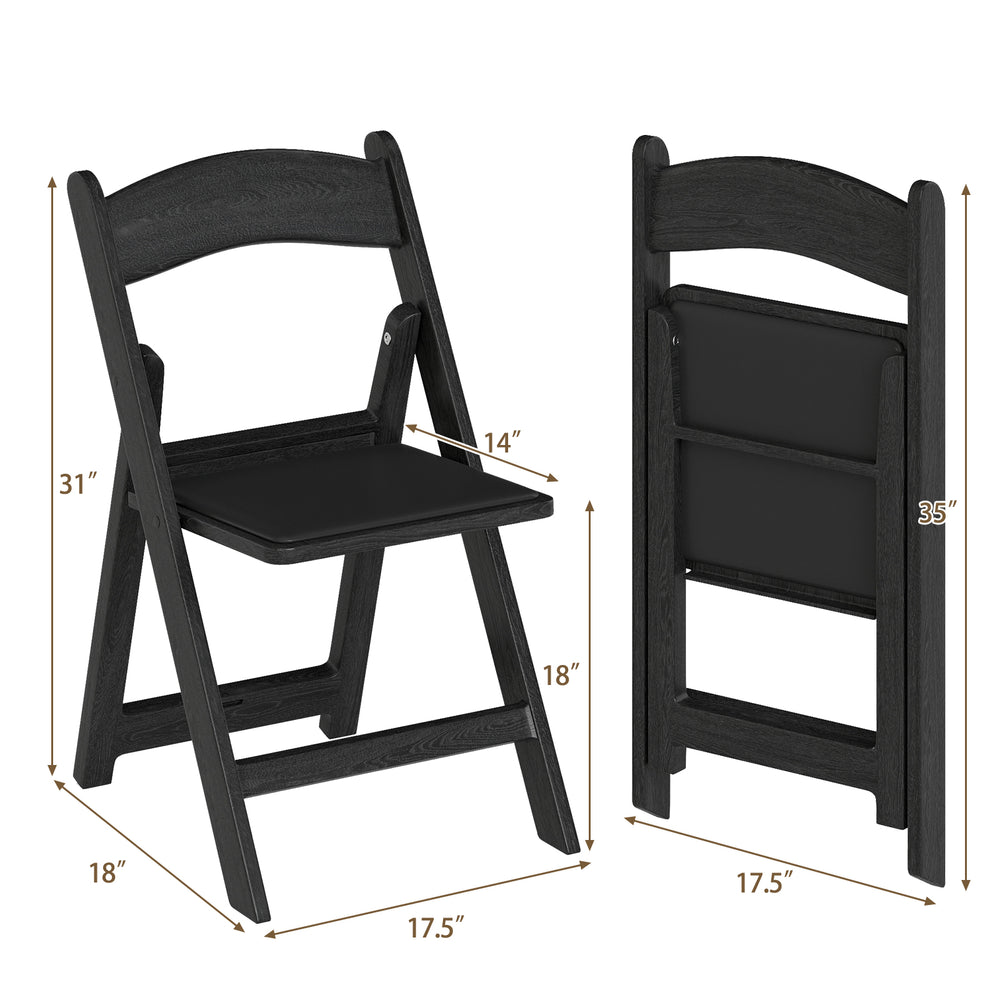 Black resin folding chair with padded seat, portable design, ideal for events, measures 31" high and folds for easy.