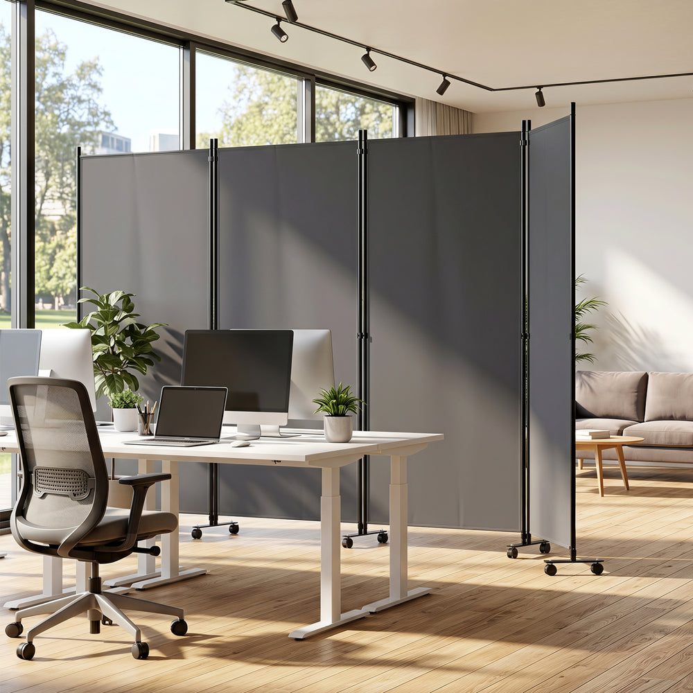 4 Panel Folding Privacy Screen Room Divider with Wheels-Gray - Gallery View 1 of 10