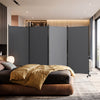 Four-panel gray folding privacy screen room divider with wheels, ideal for bedrooms and living spaces, offers flexible arrangement.