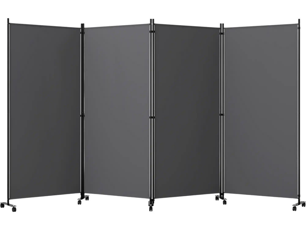 Four-panel gray privacy screen room divider with wheels, made of wear-resistant polyester, ideal for versatile spaces.
