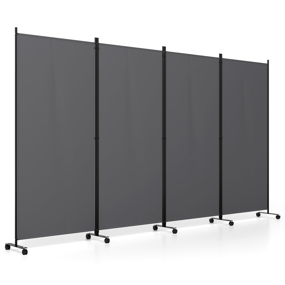 Four-panel gray folding privacy screen room divider with wheels, ideal for living rooms and restaurants, offers flexible rearrangement.