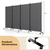Four-panel gray folding privacy screen room divider with wheels, ideal for flexible rearrangement and easy mobility.