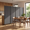 Four-panel gray folding privacy screen room divider with wheels, ideal for living spaces and easy to rearrange.