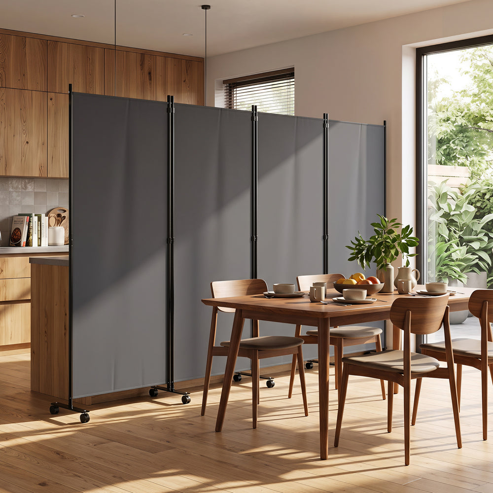 Four-panel gray folding privacy screen room divider with wheels, ideal for living spaces and easy to rearrange.