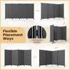 4-panel gray folding privacy screen room divider with wheels, featuring connection buckles for flexible arrangement and stability.