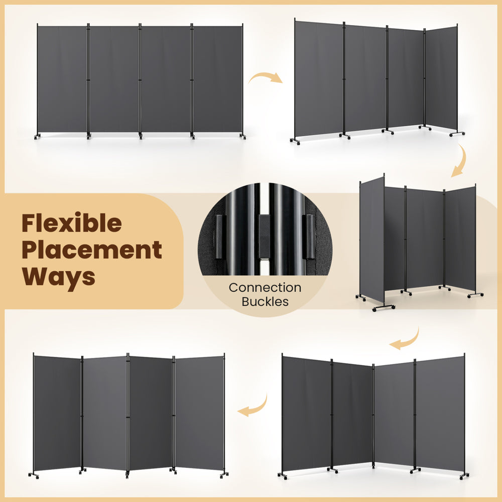 4-panel gray folding privacy screen room divider with wheels, featuring connection buckles for flexible arrangement and stability.