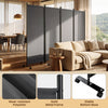 Four-panel gray privacy screen room divider with wheels, made of wear-resistant polyester and a solid metal frame for stability.