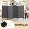 Four-panel gray folding privacy screen room divider with wheels, ideal for living room, office, or dining room use.