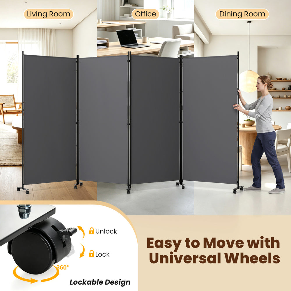 Four-panel gray folding privacy screen room divider with wheels, ideal for living room, office, or dining room use.