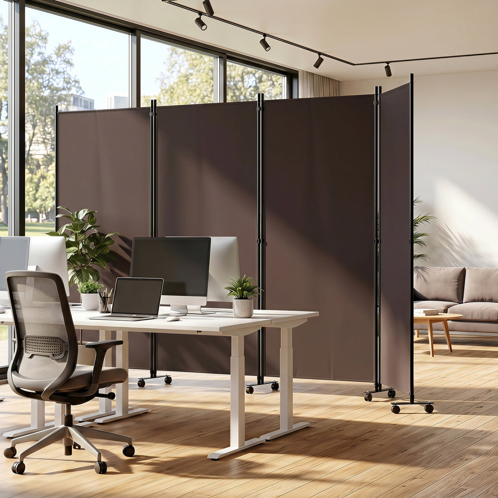 4 Panel Folding Privacy Screen Room Divider with Wheels-Brown - Gallery View 1 of 10