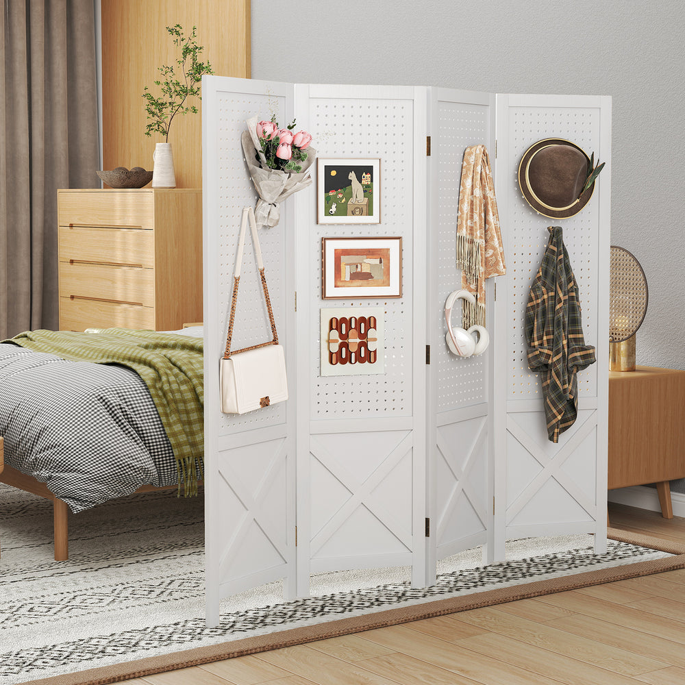 4-panel white room divider with solid wood frame, featuring pegboard design for versatile display and space-saving.