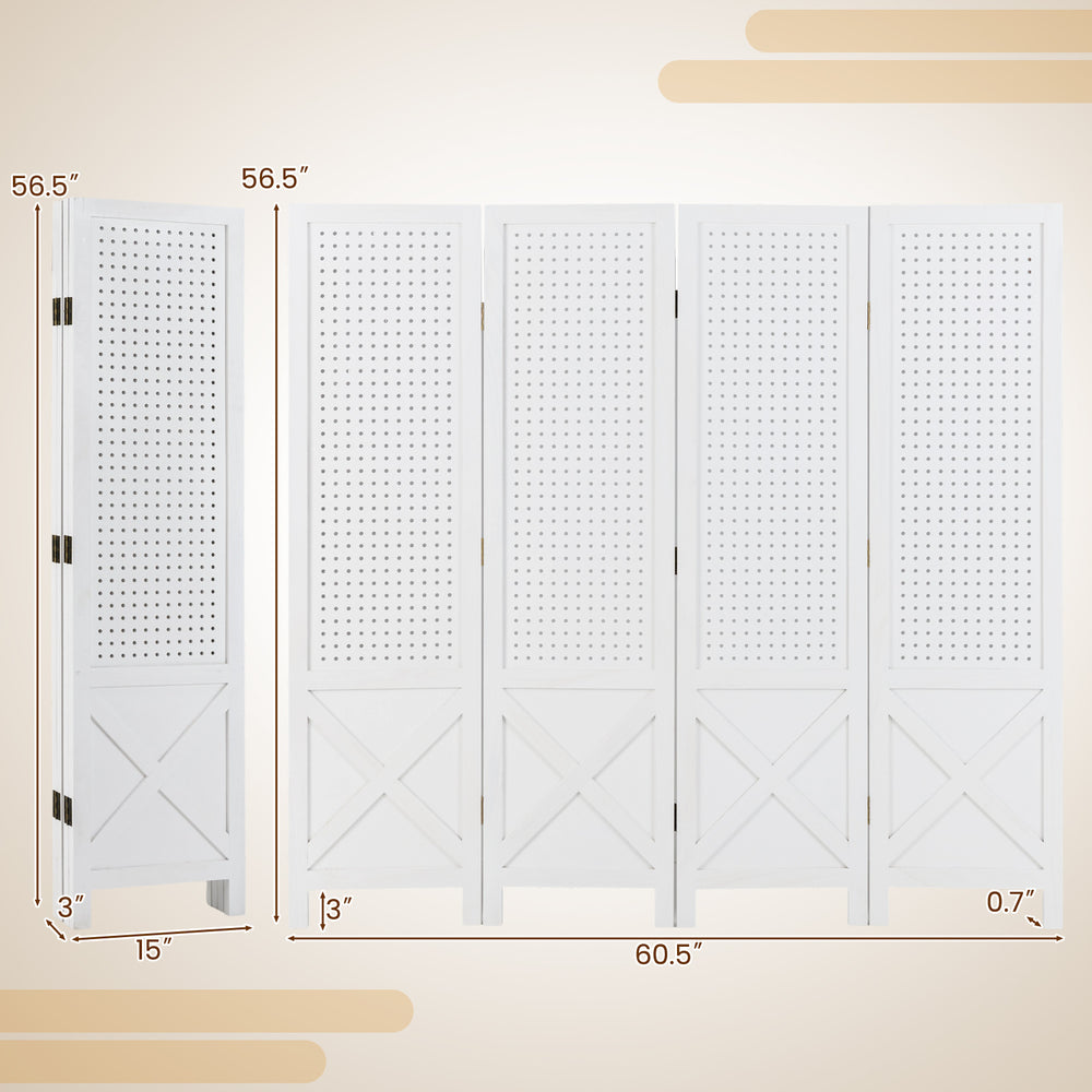 Single-panel view of a 4-panel white folding room divider with pegboard design, featuring a solid wood frame and smooth.