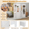 4-panel folding room divider in white with solid wood frame, pegboard for hooks, and non-slip foot pads for stability.