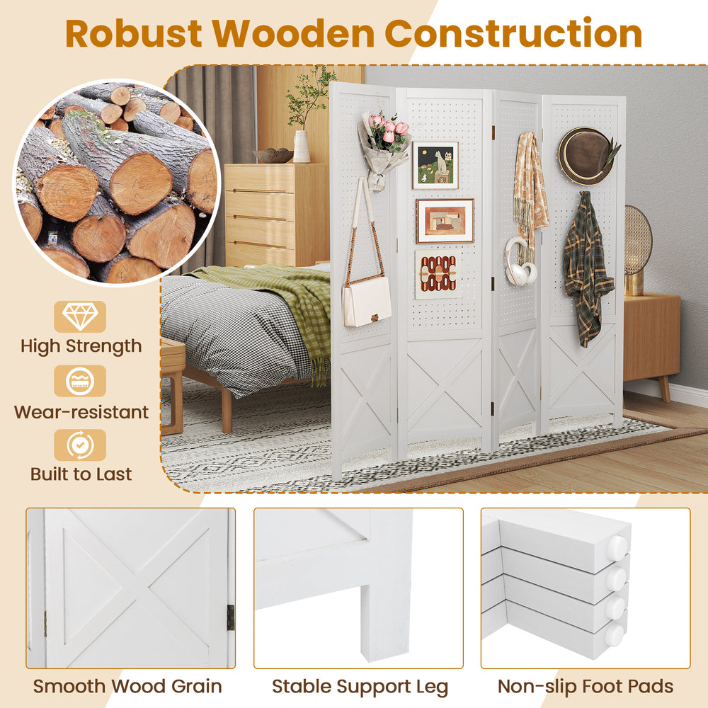 4-panel folding room divider in white with solid wood frame, pegboard for hooks, and non-slip foot pads for stability.