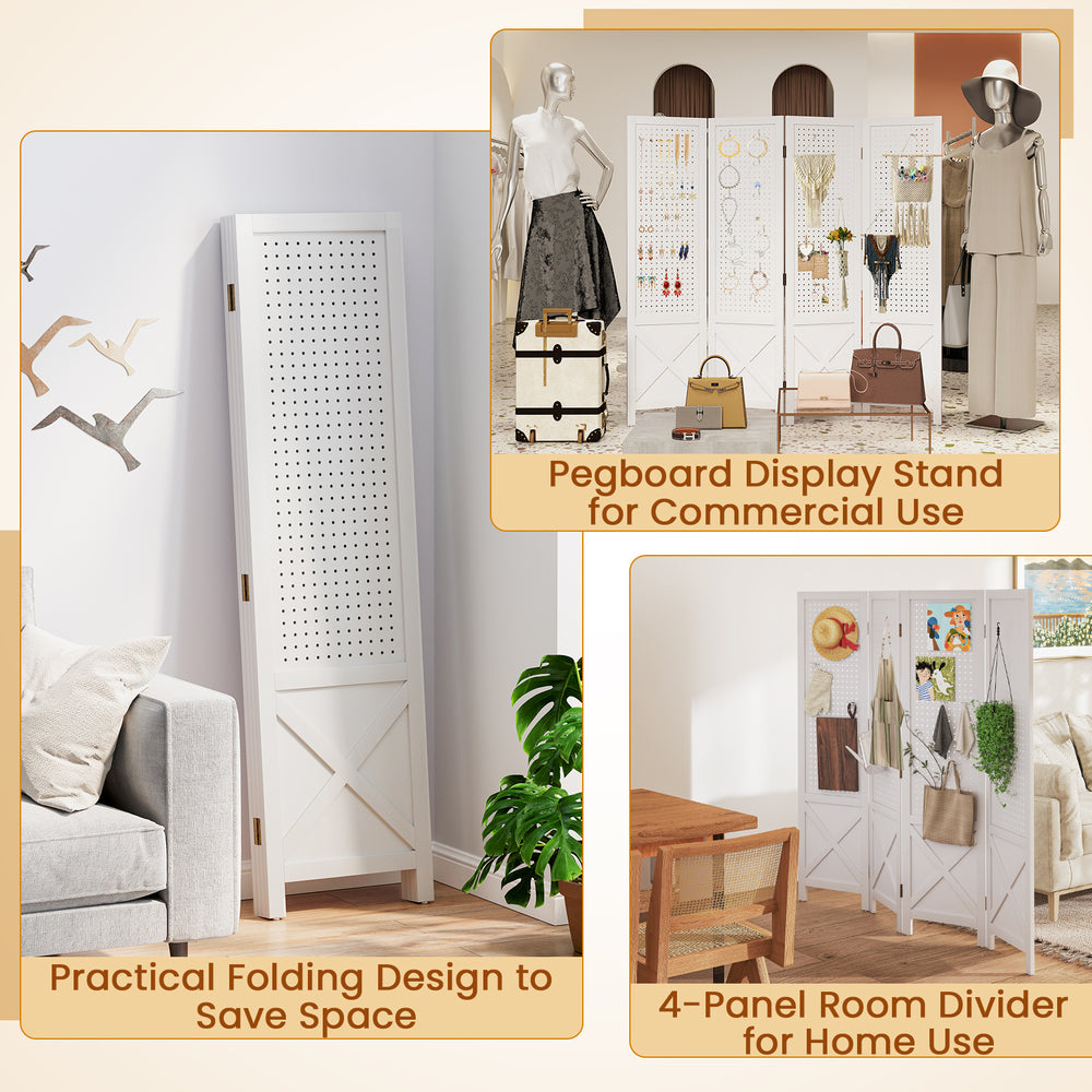 4-panel pegboard display stand in white with solid wood frame, ideal as a room divider or for commercial use.