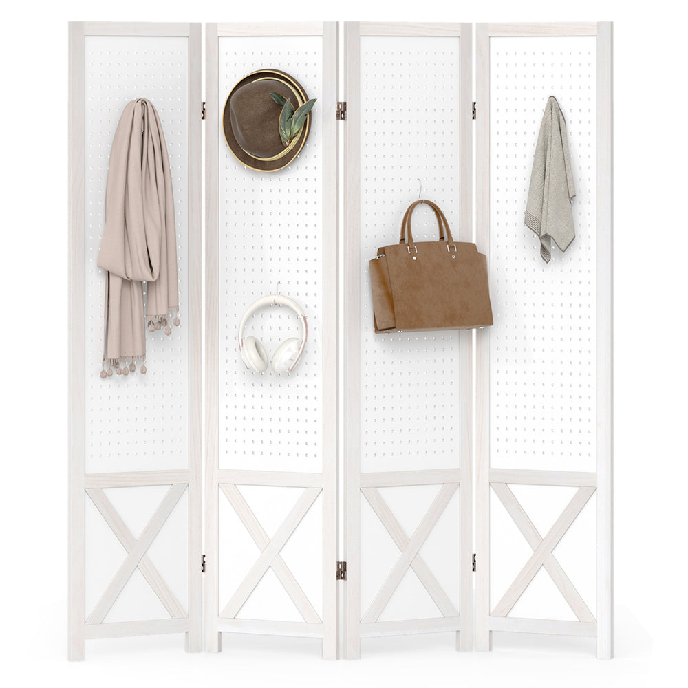 Four-panel pegboard room divider with hooks, crafted from natural paulownia, ideal for versatile storage and privacy.